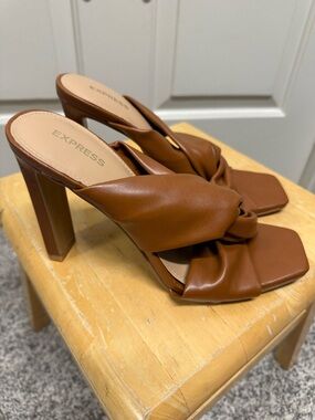 Express Brown Knot-Front Block Heel Mules